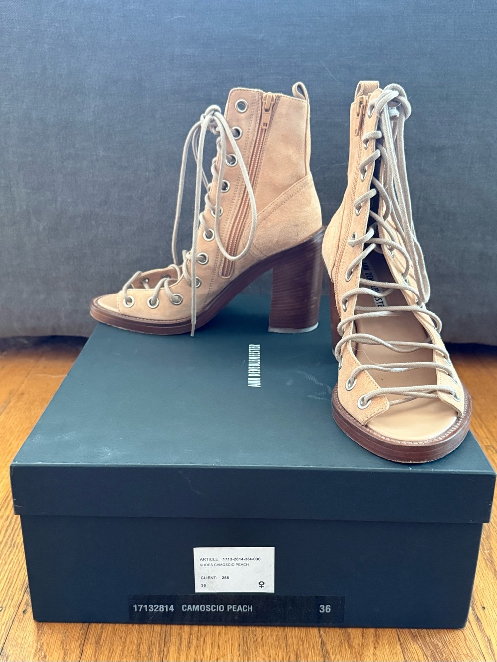 Ann Demeulemeester Peach Lace-Up Suede Block Heel Boots